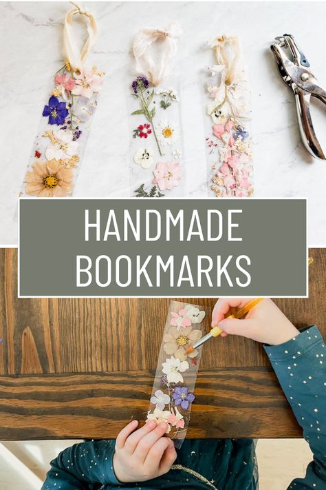 These handmade bookmarks are made with pressed flowers and contact paper! They are a beautiful handmade gift for teachers and a fun bookmark craft for kids of all ages! How To Make A Bookmark Diy, Pressed Flower Crafts For Kids, Diy Flower Bookmarks, Make Your Own Bookmark, Making Bookmarks Ideas, Cute Book Marks Aesthetic Diy, Clear Bookmarks Diy, Art And Craft Ideas For Adults Creative, Contact Paper Bookmark