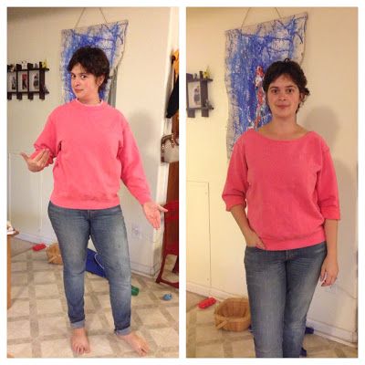 Knit Nat: Quick Craft! -- How to Undorkify a Sweatshirt Diy Necklines, Sweatshirt Refashion Remake, Diy Sweatshirt Refashion, Refashion Dress, Sweatshirt Makeover, Old Sweatshirt, Sweatshirt Refashion, Sewing Alterations, Diy Sweatshirt