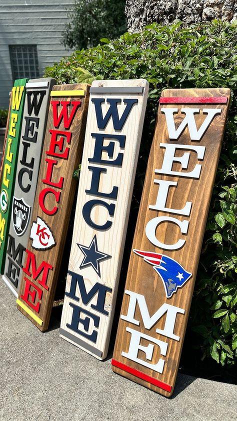 2 Feet Tall Sports Welcome Sign Leaner - Etsy Nfl Welcome Sign Front Door, Cowboys Welcome Sign, Diy Door Leaner, Sports Home Decor, Wood Projects To Sell At Craft Shows, Painted Welcome Signs On Wood, Diy Sports Decor, Porch Welcome Signs Ideas, Welcome Wooden Signs