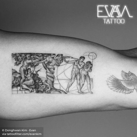 The Fall of Man by Michelangelo Sistine Chapel Ceiling Thanks nydoorman Sistine Chapel Tattoo, Dark Academia Tattoo, Michelangelo Sistine Chapel, Chapel Tattoo, Michelangelo Tattoo, The Fall Of Man, Chapel Ceiling, Fall Of Man, Sistine Chapel Ceiling