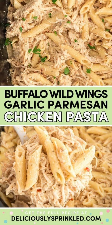 Whip up this crockpot garlic parmesan chicken pasta! Made with shredded chicken in a Buffalo Wild Wings parmesan garlic sauce, this easy pasta recipe is a busy weeknight dinner your family will love. So, grab your slow cooker and try this main dish for dinner!