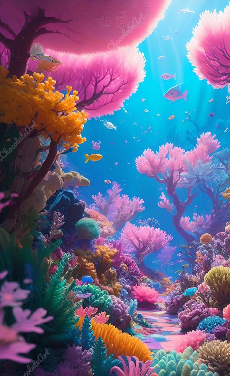 Colorful Ocean Wallpaper, Underwater Art Illustration, Beach Fantasy Art, Fantasy Ocean Art, Fish Fantasy Art, Ocean Fantasy Art, Underwater World Art, Sea Life Drawings, Sea Core