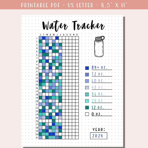 Yearly Water Tracker Printable / Health Tracker / Wellness Journal / Bullet Journal / Planner Insert / Printable PDF - Etsy bulletjournalvisionboard #scheduleplanner #happyplannerstickers Water Journal Ideas, Journal Ideas Water Tracker, Yearly Water Tracker, Water Log Bullet Journal, Water Bullet Journal, Water Tracker Ideas, Water Tracker Journal, Bullet Journal Health Tracker, Health Tracker Bullet Journal