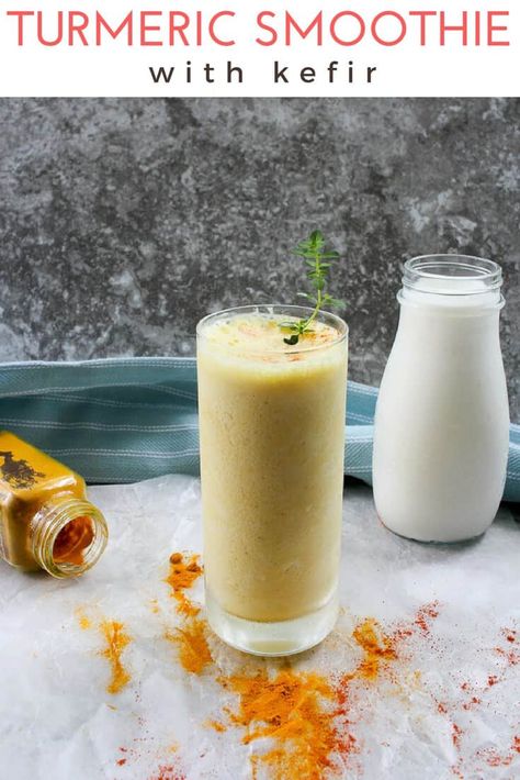 This easy, vegan friendly Turmeric Smoothie with Kefir is an ice cold Golden Milk Latte! Packed with probiotic kefir (or coconut milk kefir), anti inflammatory turmeric, and a little maple syrup-- this spiced lassi drink is a delicious and healthy option. Coconut Milk Kefir, Golden Milk Smoothie, Golden Milk Recipe, Turmeric Tea Recipe, Turmeric Drink, Golden Milk Latte, Kefir Recipes, Turmeric Smoothie, Friends Recipes