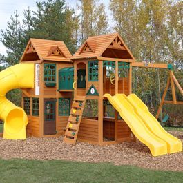 Kingsbridge Wooden Swing Set / Playset Playset Outdoor Diy, Kids Garden Playhouse, Swing Set Plans, Playground Landscaping, Cedar Lumber, Backyard Swings, Diy Playground, Wooden Swing, Play Sets