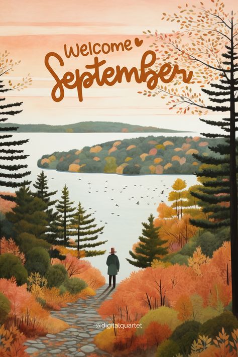 Hello September! Digital Quartet presents Autumn Phone Aesthetic Wallpapers Collection. This one is a fall landscape with a phrase "Welcome, September" on it. Don't forget to follow us for more, and make your phone screen fit right into the season! September Digital Planner, Fall Lockscreen Iphone, September Phone Wallpaper, Phone Wallpaper Autumn, September Illustration, Fall Lockscreen, September Wallpaper, Welcome September, Lockscreen Iphone