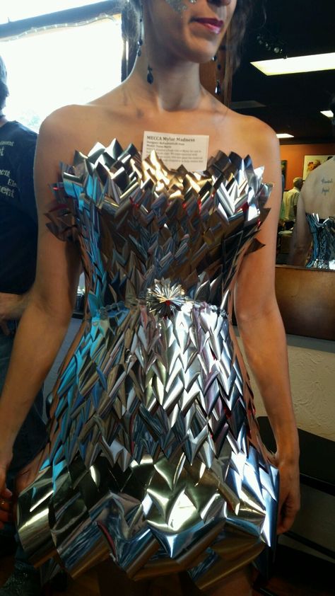 MECCA mylar dress Junk Kouture, 3d Dress, Moon Garden, Liquid Metal, Recycled Fashion, Dress Inspo, Body Armor, Futurism, Retro Futurism