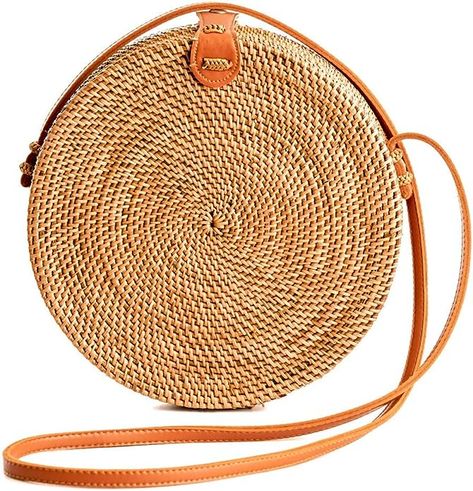 Novum Crafts Round Rattan Bag for Women - Handmade Rattan Straw Bags - Wicker Purse - Boho Bag - Round Rattan Crossbody Beach Bags: Handbags: Amazon.com Rattan Bags, Woven Purse, Minimalist Capsule Wardrobe, Rattan Bag, Boho Bags, Handmade Handbags, Kids Luggage, Boho Bag, Woven Bag