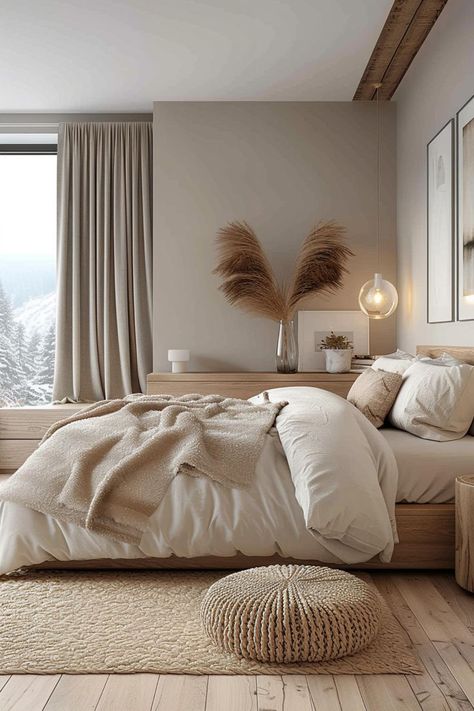 Beige Wall Room Aesthetic, Room Ideas Brown Furniture Bedroom, White Brown Bedroom Ideas, Earth Tone Apartment Aesthetic, Gray Bedroom With Pop Of Color, Oatmeal Bedroom Ideas, White And Brown Bedroom Aesthetic, Beige Wood Bedroom, White And Brown Bedding