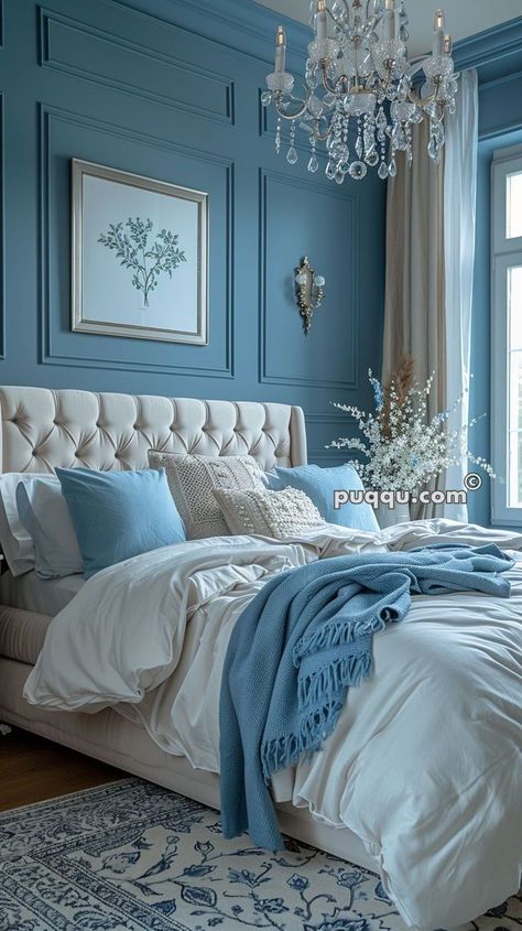 Wedgewood Blue Bedroom, Cream Bedroom Decor, Blue Bedroom Decor Ideas, Blue And Cream Bedroom, Blue Bedroom Walls, Sage Green Bedroom, Blue Bedroom Decor, Bedroom Curtain, Dorm Wall Decor