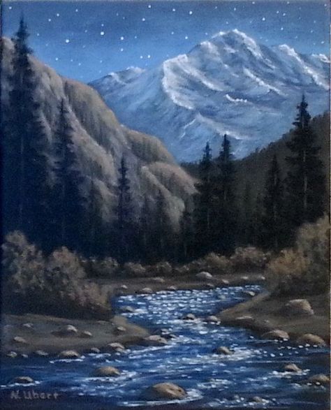 Original acrylic painting of a night scene in the Colorado Rocky Mountains. This painting is Colorado Rocky Mountains, Bob Ross Paintings, Landscape Mountain, Mountain Scene, Night Scene, Mountain Paintings, Night Painting, Pictures To Paint, In The Mountains