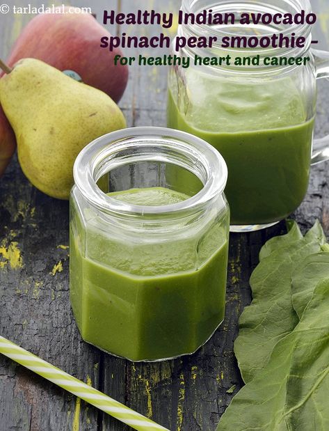 Avocado Spinach Pear Smoothie, Healthy Smoothie recipe Pear Smoothie Recipes, Spinach Avocado Smoothie, Indian Salads, Indian Soup, Spinach Avocado, Pear Smoothie, Paratha Recipes, Moong Dal, Giada De Laurentiis