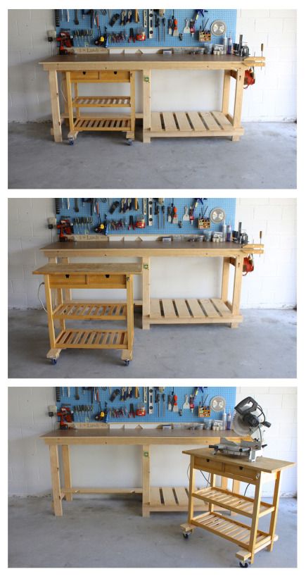 workbench-ikea-hack-trio:  Feature post on ikeahackers.net by @Daniel Morgan K Trellis Bench, Kitchen Islands Ideas With Seating, Ikea Island, Workshop Bench, Kitchen Island Storage, Workbench Designs, Mobile Workshop, Ikea Kitchen Island, Bench Outdoor