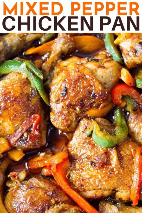 This one-pan mixed pepper chicken is a delight! It is filled with fresh, delicious, flavours and spices. Plus it is low-carb, paleo and whole 30 friendly! Chicken Thigh And Peppers Recipe, Mixed Peppers Recipes, Capsicum Recipes, Man Recipes, Baked Chicken Drumsticks, Chicken Leg Recipes, Chicken Drumstick Recipes, Pan Fried Chicken, Bell Pepper Recipes