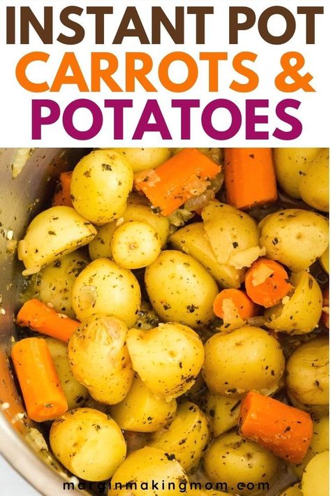 These Instant Pot potatoes and carrots are such a simple pressure cooker side dish! They're cooked to tender perfection with herbs and broth, making them delicious and easy. Great for Thanksgiving! Carrots Potatoes Instant Pot, Instant Pot Potatoes And Carrots Only, Pressure Cooker Side Dishes, Pressure Cooker Carrots, Instant Pot Carrots And Potatoes, Instapot Sides Dishes, Instant Pot Potatoes And Carrots, Potatoes And Carrots In Instant Pot, Instant Pot Potatoes Recipes