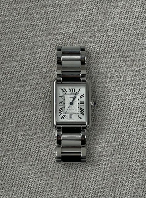 Cartier Tank Silver, Cartier Tank Watch Woman Silver, Cartier Tank Aesthetic, Watches Aesthetic Woman, Silver Cartier Watch, Luxury Silver Jewelry, Tank Must Cartier, Cartier Watch Aesthetic, Cartier Womens Watch