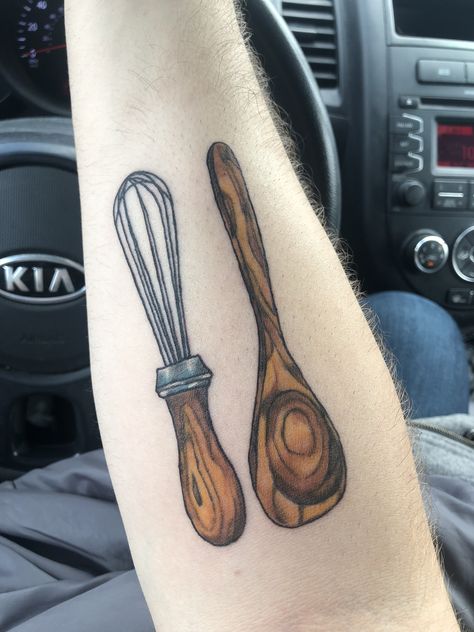 Baking tattoo cooking tattoo wooden spoon tattoo whisk tattoo vintage tattoo tattoo Wooden Spoon Tattoo Ideas, Wooden Spoon Tattoo, Spatula Tattoo, Cooking Tattoos, Whisk Tattoo, Tattoo Kitchen, Spoon Tattoo, Baking Tattoo, Cooking Tattoo