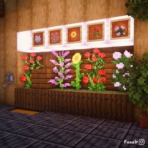 Minecraft Flower Shop Flower Shop Interiors Minecraft, Minecraft Flowers Aesthetic, Flower Shop Minecraft Inside, Minecraft Flower Truck, Store Ideas Minecraft, Flower Builds Minecraft, Flower Store Minecraft, Plant Shop Minecraft, Minecraft Flower Cart