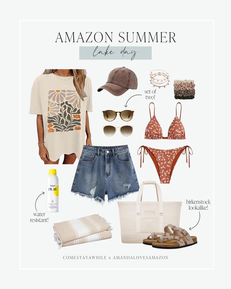 Super summer outfit inspo from Amazon! Must have summer outfit. Lake day essentials. Lake day outfit. Insulated cooler tote. Birkenstock lookalikes. Water and sweat proof sunscreen. Affordable sunglasses. Cute oversized women's tee. Quick drying beach towels.

Follow comestayawhile for fearless DIY projects, neutral home decor, casual outfit inspo, makeup and skincare routine, lifestyle, parenting, & more. Follow amandalovesamazon for home inspiration, fashion finds, & beauty items from Amazon. Lake Day Essentials, Lake Day Outfit, Routine Lifestyle, Sunglasses Cute, Inspo Makeup, Lake Day, Cooler Tote, Beauty Must Haves, Inspiration Fashion