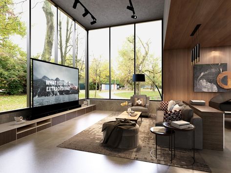 Ultra Short Throw Projector Furniture, Living Room Big Tv, Tv Window, Home Projector Screen, Ultra Short Throw Projector, Projector Portable, Rustic Family Room, Short Throw Projector, Contemporary Living Room Design