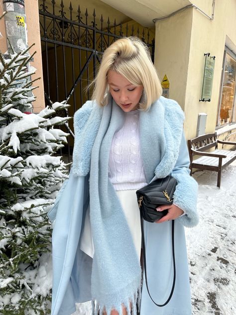 Ice Blue Outfit, Ysl Loulou Toy, Pale Blue Heels, Light Blue Coat, Blue Winter Coat, Holiday Soiree, Coat White, Snow Fashion, Blue Coat