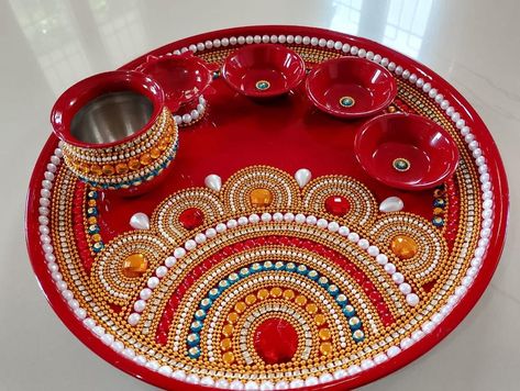 Ganpati Pooja Thali, Kankavati Thali Decoration, Thali Decorations Ideas, Arti Thali Decoration Ganpati, Diy Pooja Thali, Arti Plate Decoration, Wedding Kalash Decorations, Pooja Plate Decoration, Thali Decoration Ideas For Diwali