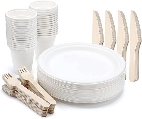 Aitsite 125 Piece Paper Plates Set, Compostable Ecological Party Tableware, Paper Plates, Forks, Knives and Spoons Combined for 25 Guests, Party Tableware Set for Barbecues, Camping, Party (Beige) : Amazon.de: Home & Kitchen Plates And Cutlery, Barbecue Camping, Mess Kit, Wooden Fork, Wooden Knife, Plastic Utensils, Minimalist Photos, Camping Party, People Eating