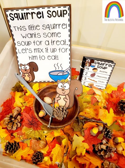 Squirrel Soup Preschool, Nut Activities For Preschool, Autumn Animal Activities, November Sensory Table Ideas, Tree Study Creative Curriculum Preschool Art, Autumn Animals Preschool Activities, Fall Theme Sensory Bin, Squirrel Activity Preschool, Squirrel Kindergarten Activities