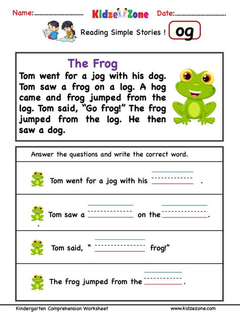 Og word family comprehension worksheet - KidzeZone Og Word Family Worksheets, Og Family Words Worksheet, Cvc Stories, Kindergarten Comprehension Worksheets, Phonics Stories, Word Family Reading, Phonics Reading Passages, Phonics Worksheets Free, Reading Comprehension For Kids