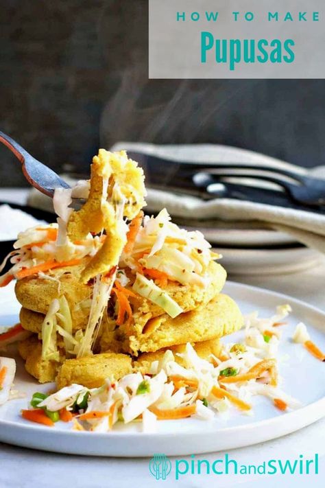 Have you ever wondered how to make Pupusas at home? With this recipe and step by step video instructions you'll see how simple they are to make! Top them with Curtido (spicy slaw) and you'll have a delicious traditional meal inspired by El Salvador to enjoy! #pupusas #corncakes #salvadoran #elsalvadorfood #howtomakepupusas #pupusasrecipe #curtido Papusa Recipe, Masa Cakes, Pupusa Recipe, Spicy Slaw, Salvadorian Food, Recetas Salvadorenas, Make Top, Hispanic Food, Quesadillas