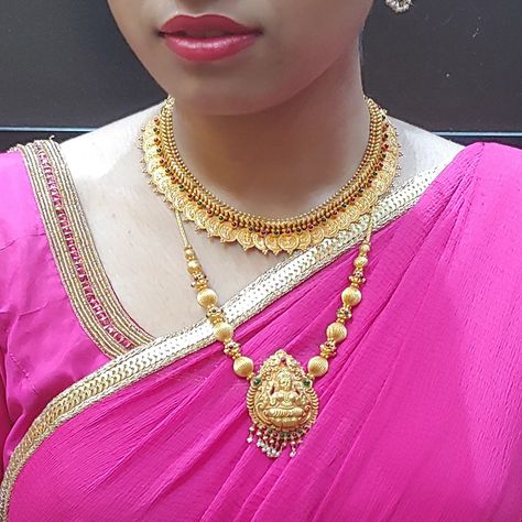 Lakshmi vathu kasina necklace and lakshmi pendant necklace Lakshmi Pendant, Gold Haram, Gold Jewels Design, Gold Bridal Necklace, Choker Necklace Designs, Gold Earrings Models, Antique Gold Jewelry Indian, Gold Bangle Set, Trendy Watches