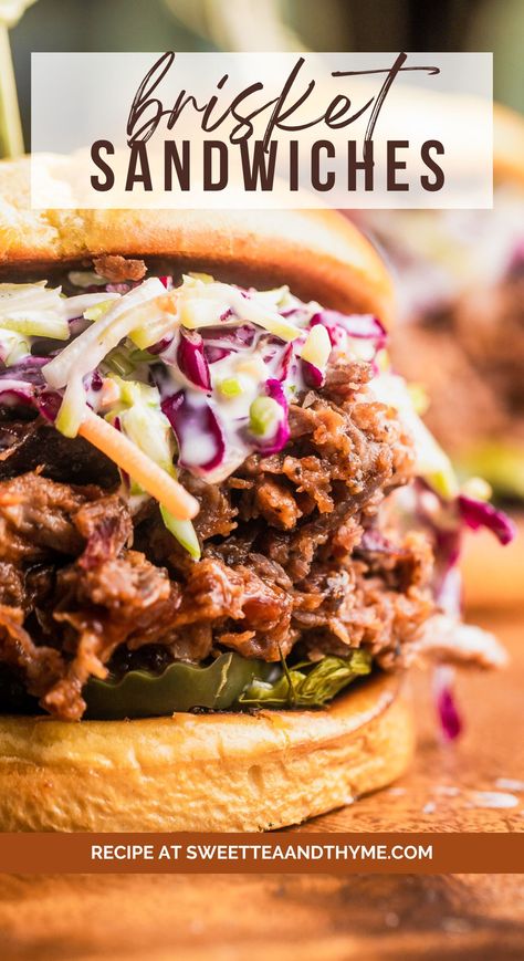 a close up of a big brisket sandwich with creamy slaw and pickles Brisket On A Bun, Leftover Brisket Recipes Keto, Coleslaw For Brisket Sandwiches, Brisket Wrap Recipes, Smoked Brisket Sandwich, Chopped Brisket Sandwiches, Smoked Brisket Sandwich Ideas, Recipes For Leftover Brisket, Brisket Cheesesteak