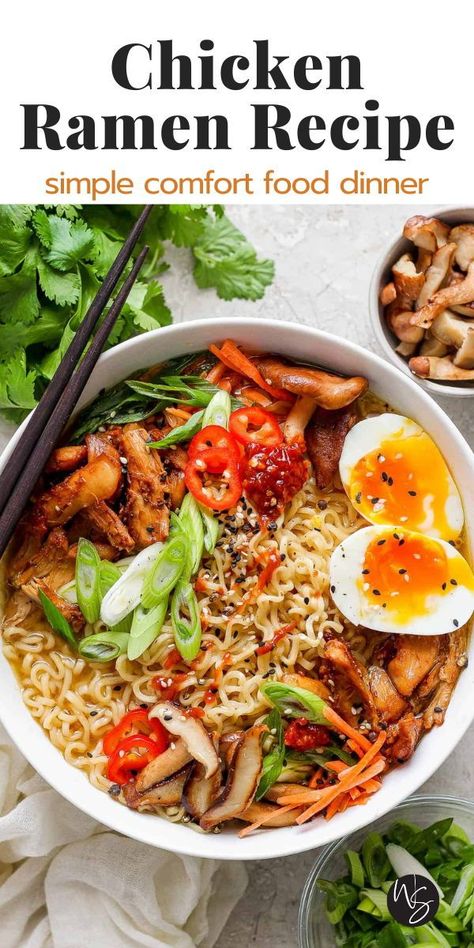 This easy Chicken Ramen noodle soup is the epitome of comfort food! Made with all the best, simple ingredients, like juicy chicken, a flavor packed broth, fresh vegetables, a soft boiled egg, and traditional ramen noodles. The flavors are SO GOOD. It is a comforting and cozy bowl of soup that will wake-up all your tastebuds in the best way possible! You will never buy store-bought ramen again after trying this delicious recipe! This recipe is dairy-free friendly. Chicken Vegetable Ramen Noodles, Chicken Ramen Noodle Recipes Boiled Egg, Ramen Noodle Bowl Recipes Chicken, Simple Chicken Ramen Recipes, Comfort Bowl Recipe, Chicken For Ramen Recipe, Ramen With Soft Boiled Egg, Simple Ramen Soup, Traditional Ramen Bowl