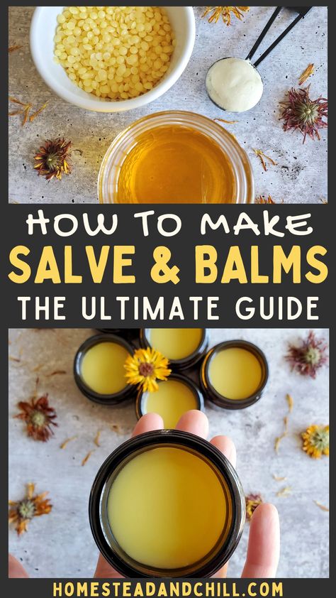 Learn how to make salve or balms with a simple flexible recipe, including various oil and wax options, using herb-infused oil, essential oils, butters, and more. Once you know the basics, the options to be creative are endless! #herbalsalve #salverecipe #salve #balms Diy Salve, Healing Salve Recipe, Homemade Salve, Herbal Medicine Recipes, Herbal Remedies Recipes, Lavender Recipes, Salve Recipes, Hand Salve, Herbal Salves