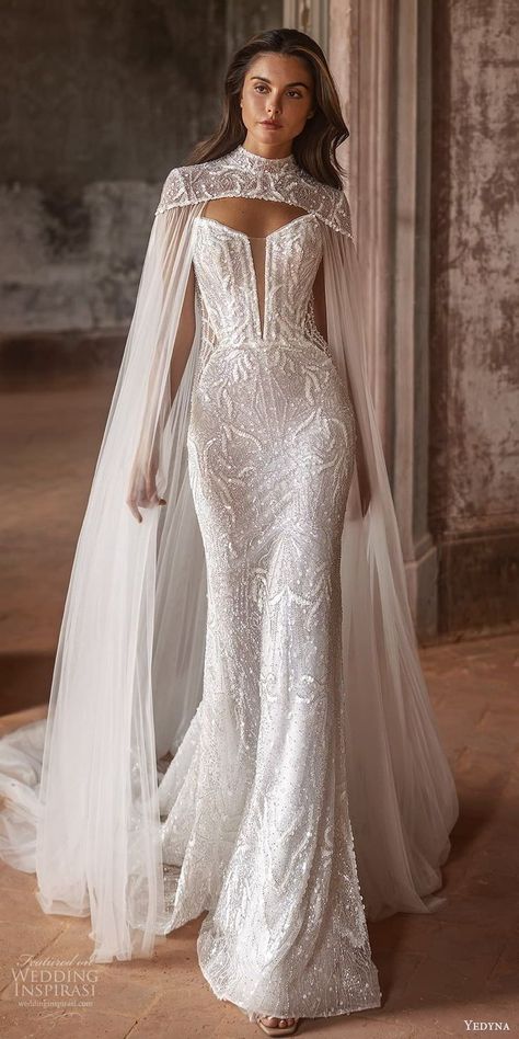 Fierce Wedding Dress, Wedding Dress Dramatic Sleeves, Vintage Spanish Wedding Dress, Long Sleeve Sheer Wedding Dress, Elegant Luxury Wedding Dress, Game Of Thrones Wedding Dress, Wedding Dress Coverup Ideas, One Sleeve Wedding Dress, Vogue Wedding Dresses