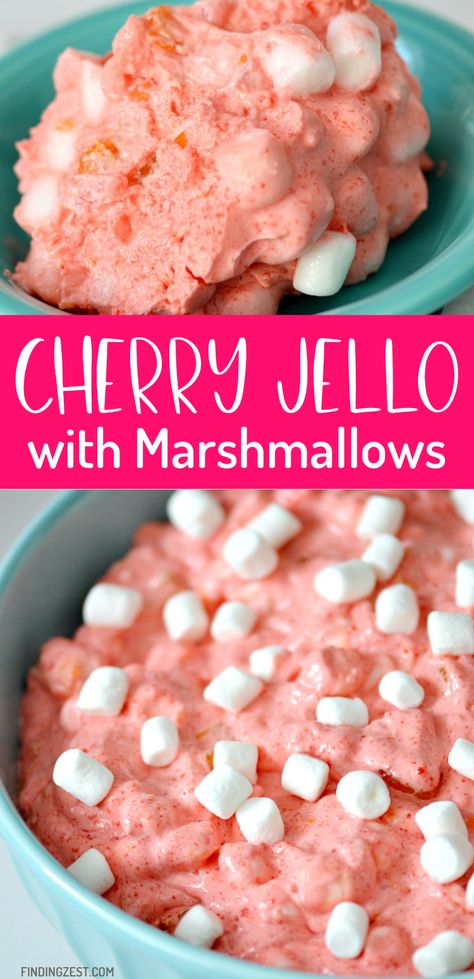 Cherry Jellow with Marshmallows is a winning combination! This fluffy jello salad features canned pineapple, mandarin oranges, pudding, marsmallows and cool whip! It is great for the holidays and makes a great potluck addition. Fluffy Jello Salad Cool Whip, Jello With Marshmallows, Jello Salad With Marshmallows, Jello Marshmallow Salad, Jello Cool Whip Salad, Marshmellow Salad, Fluffy Jello, Cherry Jello Salad, Pineapple Jello Salad