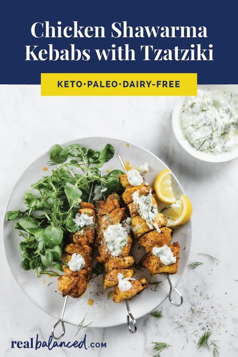 Do you love chicken shawarma kebabs? Then this is the recipe for you! These keto chicken shawarma kebabs are roasted to juicy perfection and its flavor unmatched when topped with tzatziki sauce. CLICK HERE FOR THE FULL RECIPE. #realbalancedblog #healthyeating #ketofood #ketodinner #foodgasm #healthyfood #chickenkebabs #mediterraneanfood Chicken Shawarma Recipe, Primal Diet, Shawarma Recipe, Carb Dinner, Chicken Kebabs, Tzatziki Sauce, Chicken Shawarma, Paleo Dinner, Keto Chicken