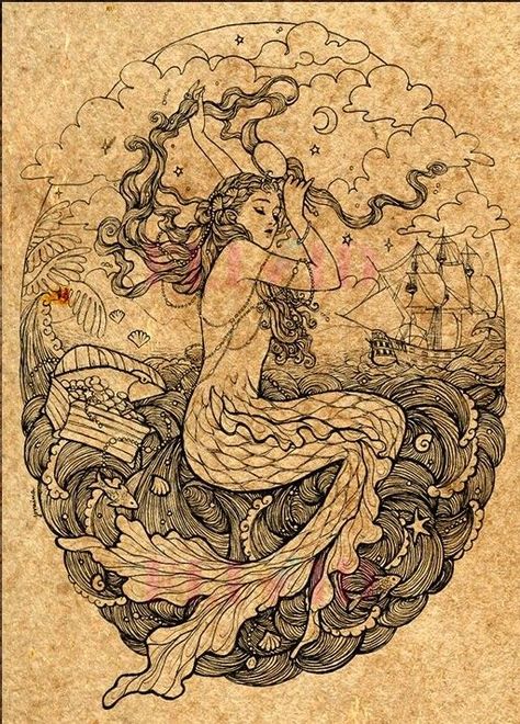 Victorian Mermaid Illustration, Mermaid In Shell Drawing, Antique Mermaid Illustration, Old Mermaid Drawing, Art Nouveau Mermaid Tattoo, Mermaid Illustration Vintage, Mermaid Vintage Illustration, Siren Tattoo Dark Mermaid, Vintage Mermaid Illustration