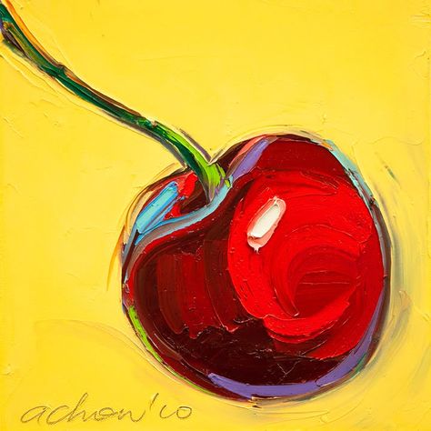 THE ART OF ALLAN CHOW: Original painting-Cherries -12X12-Modern ... Cherry Pictures, Cherries Painting, Food Painting, Seni Cat Air, Fruit Painting, Lukisan Cat Air, Red Cherry, Fruit Art, Yellow Background