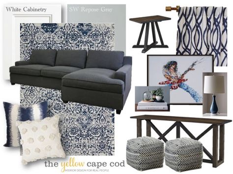 Navy Blue And Grey Living Room, Grey Family Rooms, Blue Family Rooms, Transitional Style Living Room, Living Room Mood Board, Yellow Cape Cod, Room Mood Board, Living Room Gray, Navy Living Rooms