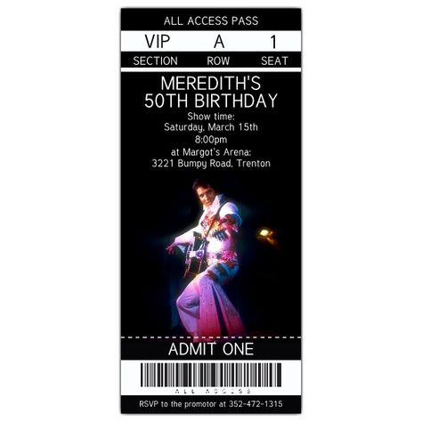 Elvis Birthday Party Invitations, Elvis Party Invitations, Elvis Birthday Invitations, Elvis Birthday Party, Elvis Presley's Birthday, Elvis Party, Elvis Concert, Elvis Birthday, Concert Ticket