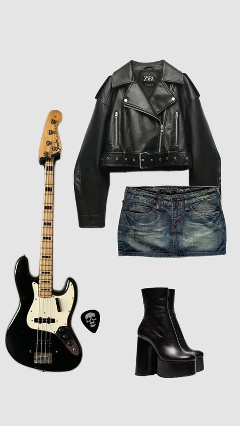 #rockstar #rockstargf #rockoutfit #rock #blackoutfit #outfit #guitar Rockstar Theme Party Outfit, Band Girlfriend Aesthetic Outfits, Band Gf Outfit, Female Rockstar Costume, Rockstar 90s Outfit, 90s Rockstar Gf Outfit, Rockstar Looks Women, Rock And Roll Clothes, Pop Rock Aesthetic Outfits