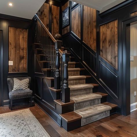 Rustic Staircase with Wood and Black Accents Staircase Rustic Ideas, Dark Trim Staircase, Black And Wood Steps, Black Homes With Wood Accents, Stairs Black And Wood, Black And Wood Hallway, Dark Stain Staircase, Dark Oak Staircase, Butler Staircase