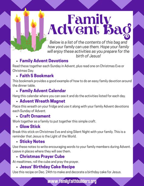 Family Advent Bags - Family Faith Builders Advent For Families, Messy Christmas, Advent Boxes, Teaching Prek, Advent Bags, Kids Advent, Christmas Sunday School, First Sunday Of Advent, Advent Crafts