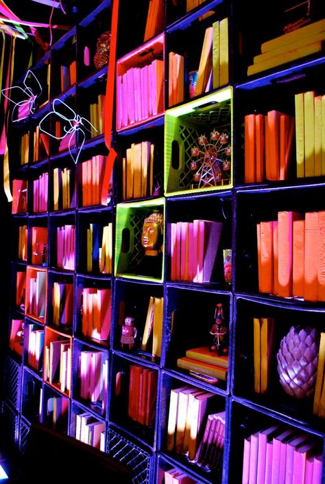 Neon Book Aesthetic, Neon Academia Aesthetic, Neon Bookshelf, Neon Library, Neon Academia, Neon Core, Vibrant Academia, Infinite Mirror, Green Library