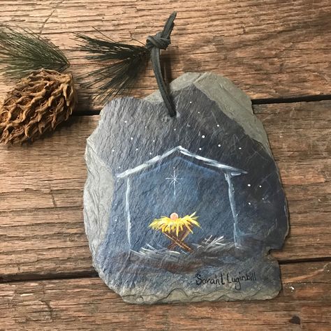 Painted on old roofing slate with a leather hanger. Christmas Paintings On Slate, Leather Hanger, Slate Shingles, Painted Slate, Christmas Painting, Painted Christmas Ornaments, Christmas Paintings, Painting Ideas, Nativity