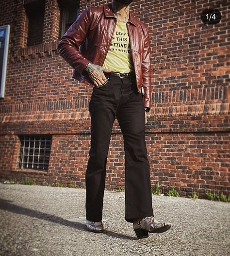 70s Leather Jacket Outfit Men, 70s Male Fashion Rock, 70s Rockstar Aesthetic Men, 70s Leather Jacket Outfit, 70s Guys Outfits, 70s Male Outfits, Atomic Blonde Outfits, 70s Male Fashion, 70s Style Men