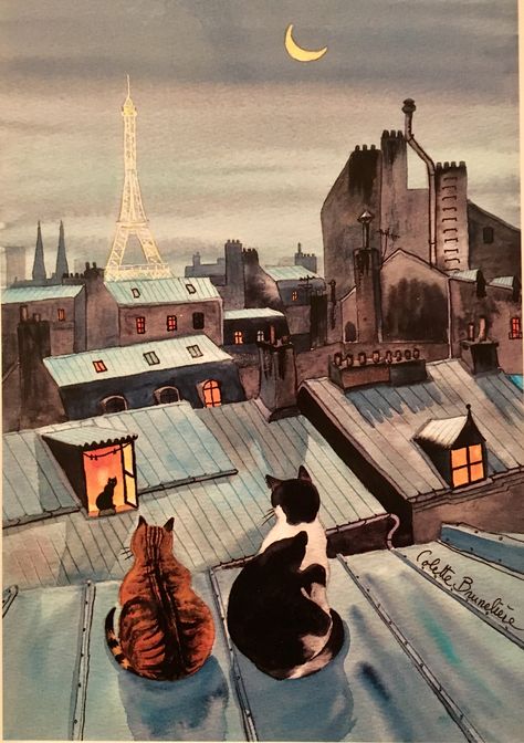 Colette Bruneliere: Paris cats on the roof Paris Cat, Art Parisien, Paris Rooftops, Frida Art, Image Chat, 수채화 그림, Paris Art, Cat Posters, Cats Illustration