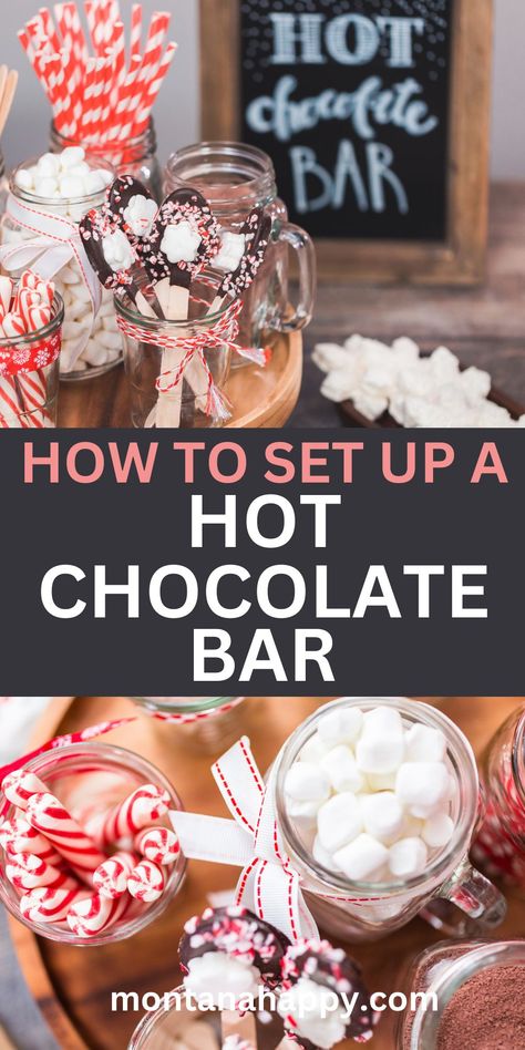 How to Set up a Hot Chocolate Bar * GREAT IDEAS | Montana Happy Hot Chocolate Topping Ideas, Hot Cocoa Bar For Large Group, Ideas For Hot Chocolate Bar, Hot Cocoa Bar Ideas For Kids, Hot Chocolate Bar Ideas For Christmas, Mini Hot Cocoa Bar, Spiked Hot Chocolate Bar, Christmas Snack Bar Ideas, Adult Hot Chocolate Bar Ideas