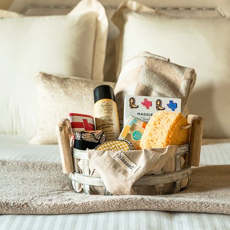 How to Create a Guest Room Welcome Basket - Life of Alley Wedding Welcome Baskets Guest Rooms, Guest Slippers Basket, Guest Room Goody Basket, Guest Room Welcome Basket Casual, House Guest Welcome Basket, Toiletry Basket For Wedding Guests, Guest Room Welcome, Guest Welcome Baskets, Guest Basket